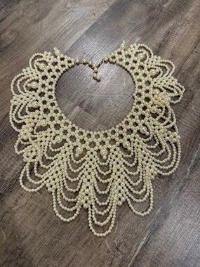 Pearl Statement Bib Necklace - Ivory Gold Tone. Not real pearls